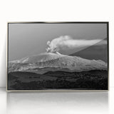 Mid-century modernist acrylic print of Mount Etna in muted earth tones, framed in silver, ideal for modern art wall decor.