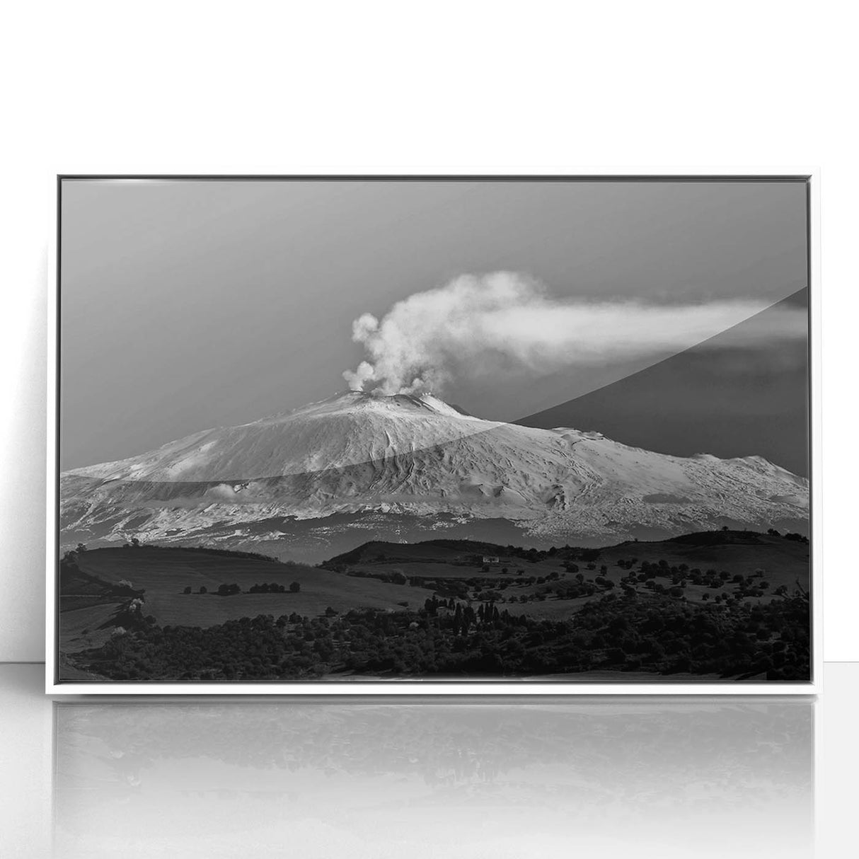 Mid-century modernist art depicting Mount Etna in vibrant orange and blue tones, framed acrylic.