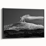 Black and white framed canvas depicting Mount Etna in a vintage poster style, suitable for bedroom wall decor.