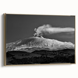 Framed canvas wall art depicting Mount Etna in muted earth tones, perfect for bedroom decor.
