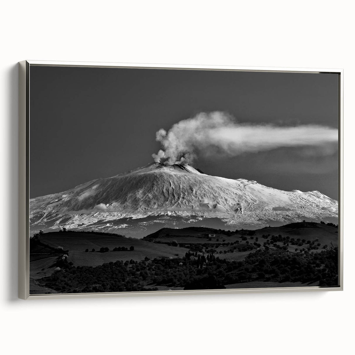 Landscape art painting of Mount Etna, featuring colorful art on a black background, framed in silver.