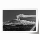 Rolled print of Mount Etna with vibrant green and floral foreground, ideal for art wall dining room decor.