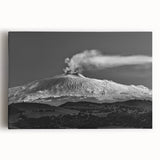 Black and white stretched canvas featuring Mount Etna in a minimalist style, ideal for kitchen wall art.