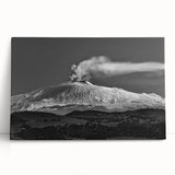 Black and white photograph of Mount Etna on stretched canvas, ideal for kitchen wall art.