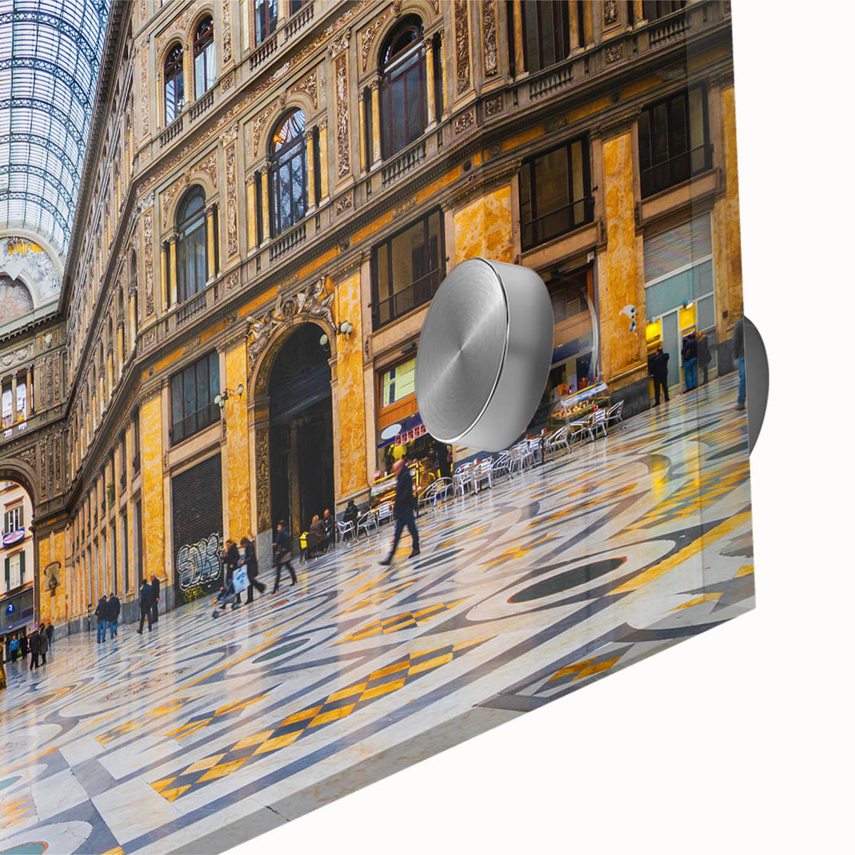 Large abstract wall art depicting Naples, Italy, in vibrant blues and oranges on acrylic glass.