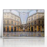 Mid-century modernist art of Naples scenery in muted blue and white tones on a framed acrylic.