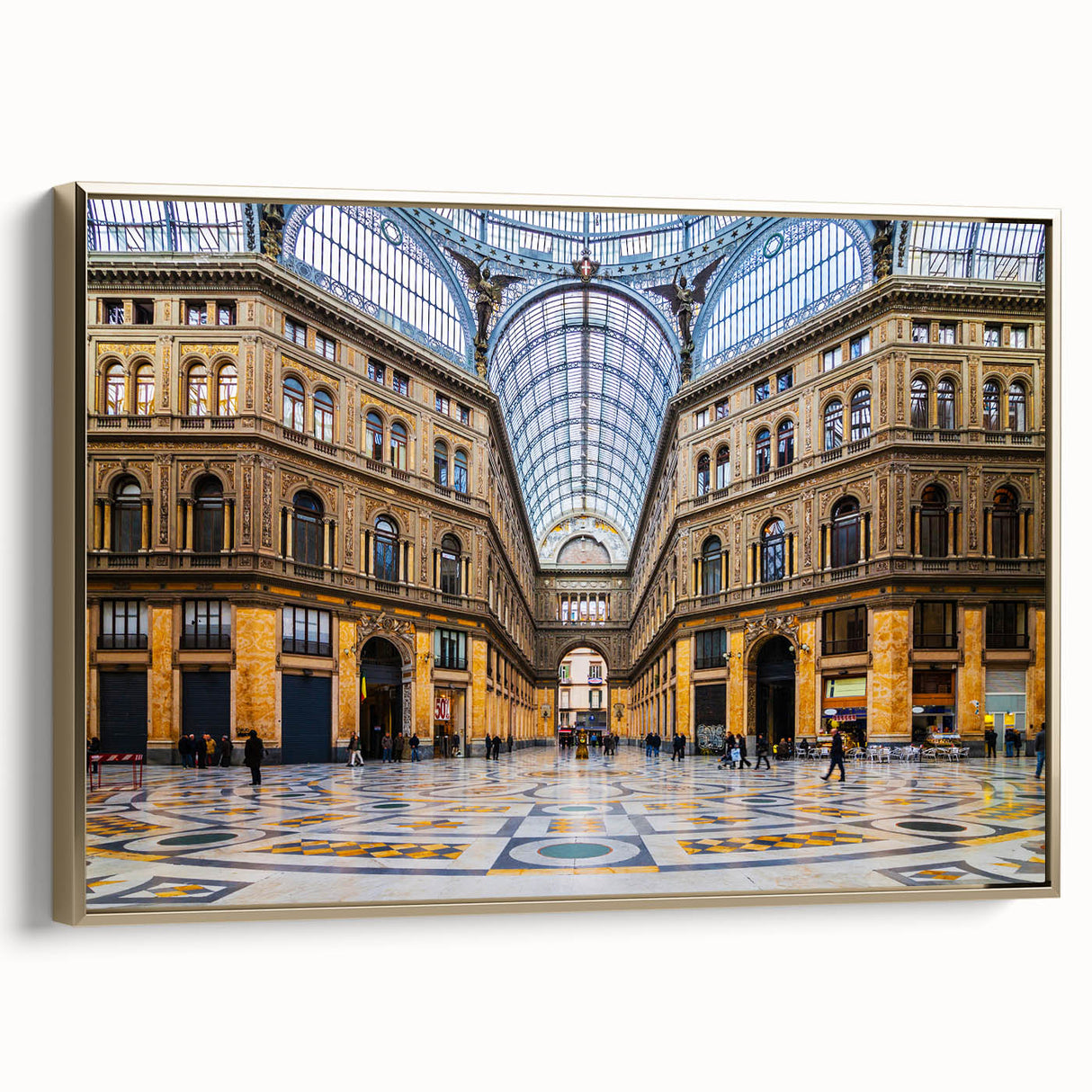 Framed canvas of a vintage-style Naples landscape in muted gold and black tones, ideal for bedroom wall art.