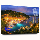 Acrylic print of Portofino, Italy with vivid blue water and colorful buildings, ideal for bedroom or dining room art.