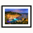 Extra large abstract art print of Portofino, Italy, featuring vibrant, colorful textures on a framed black mat.