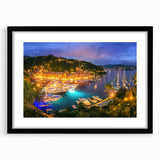 Extra large abstract art print of Portofino, Italy, featuring vibrant, colorful textures on a framed black mat.