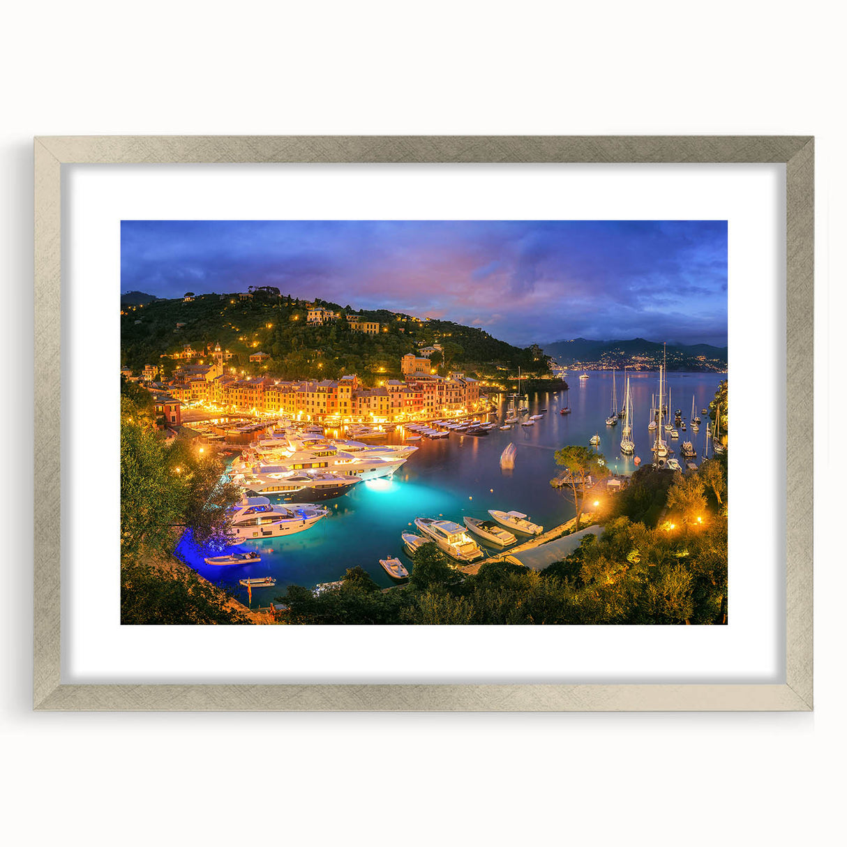 Extra large wall art featuring an abstract depiction of Portofino, Italy, in textured silver with a mat frame.