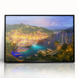 Large abstract wall art depicting Portofino, Italy in vibrant colors on a framed acrylic, ideal for modern art wall decor.