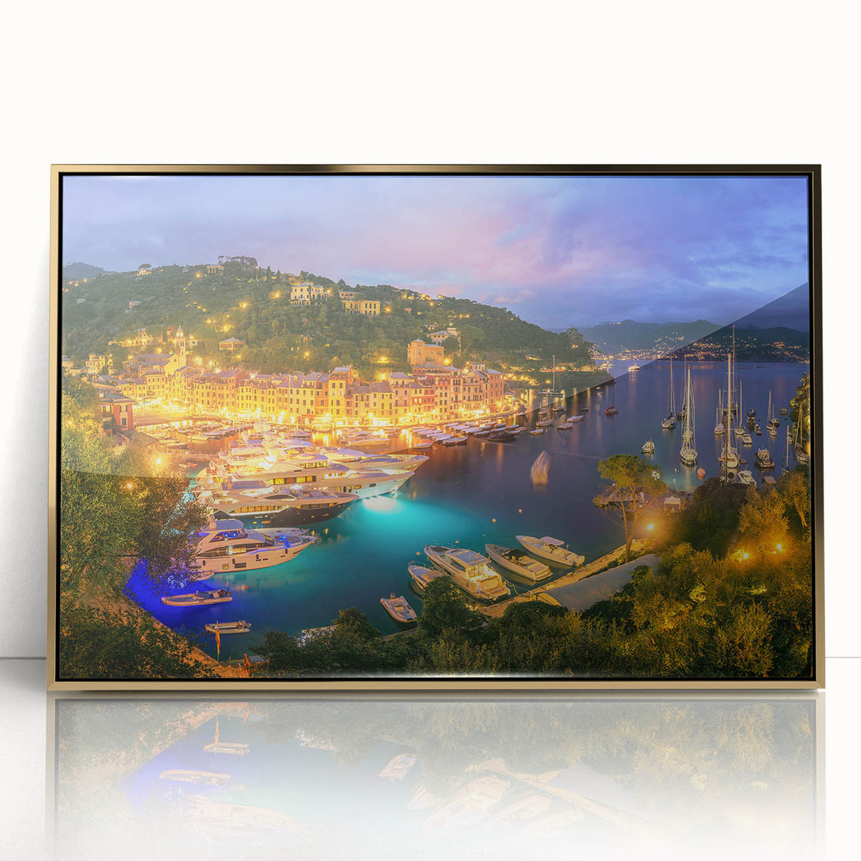 Acrylic print of Portofino, Italy with vibrant blue and pastel hues in an art deco style, ideal for modern art wall decor.