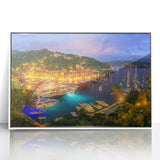 Mid-century modernist art depicting the scenic Portofino harbor in muted earth tones on a framed acrylic.