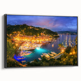 Black and white landscape art painting of Portofino, Italy on framed canvas, suitable for bedroom wall decor.