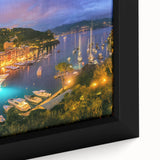 Black wall art of Portofino, Italy, featuring textured colorful art on a framed canvas, ideal for living room ambiance.
