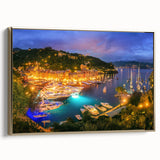 Framed canvas depicting a vintage landscape of Portofino, Italy in muted earth tones, ideal for bedroom wall art.