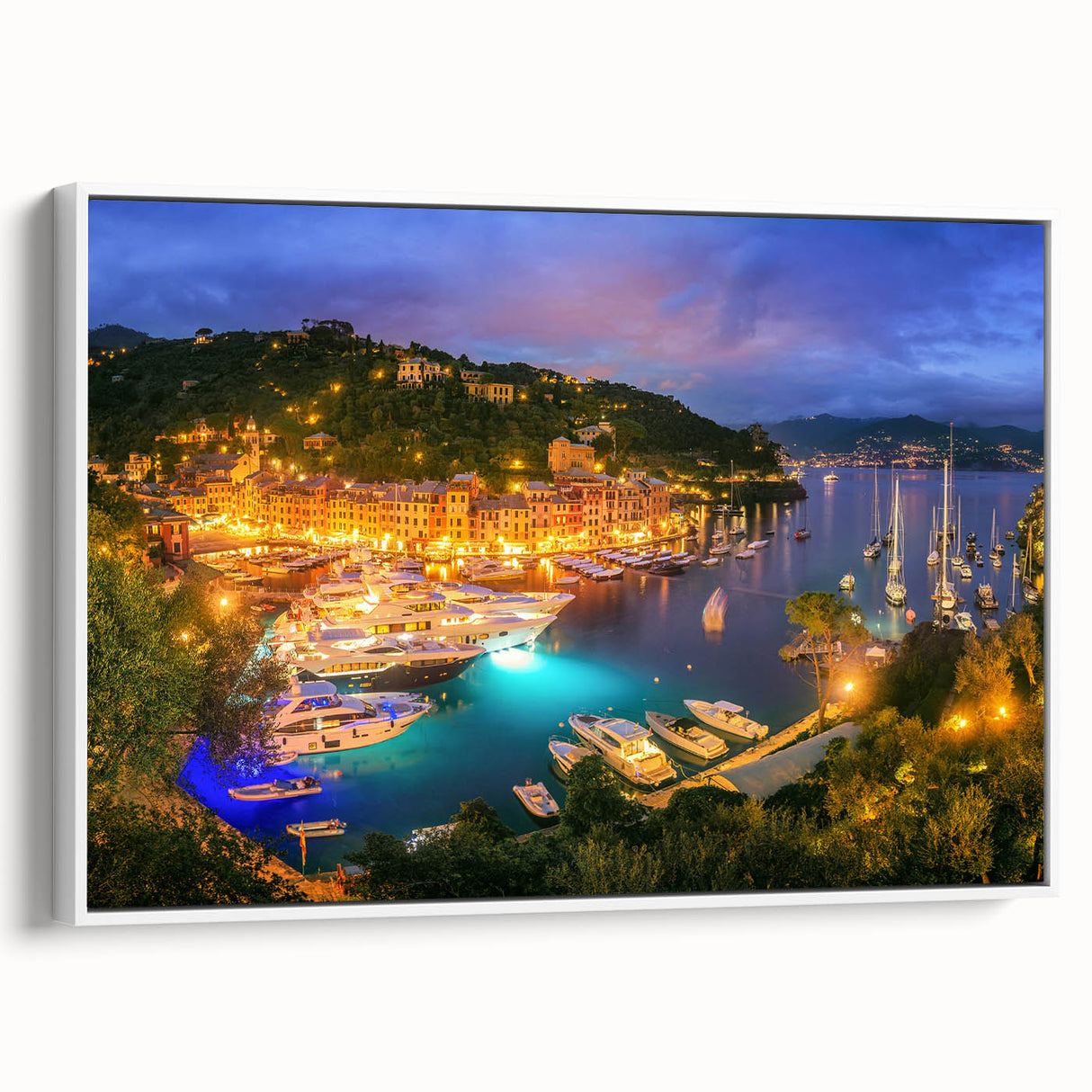 Vintage poster art of Portofino, Italy, featuring colorful buildings on canvas in a white frame, ideal for living room decor.