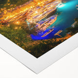 Art deco poster of Portofino, Italy with vibrant blue and green tones on rolled canvas, suitable for dining room decor.