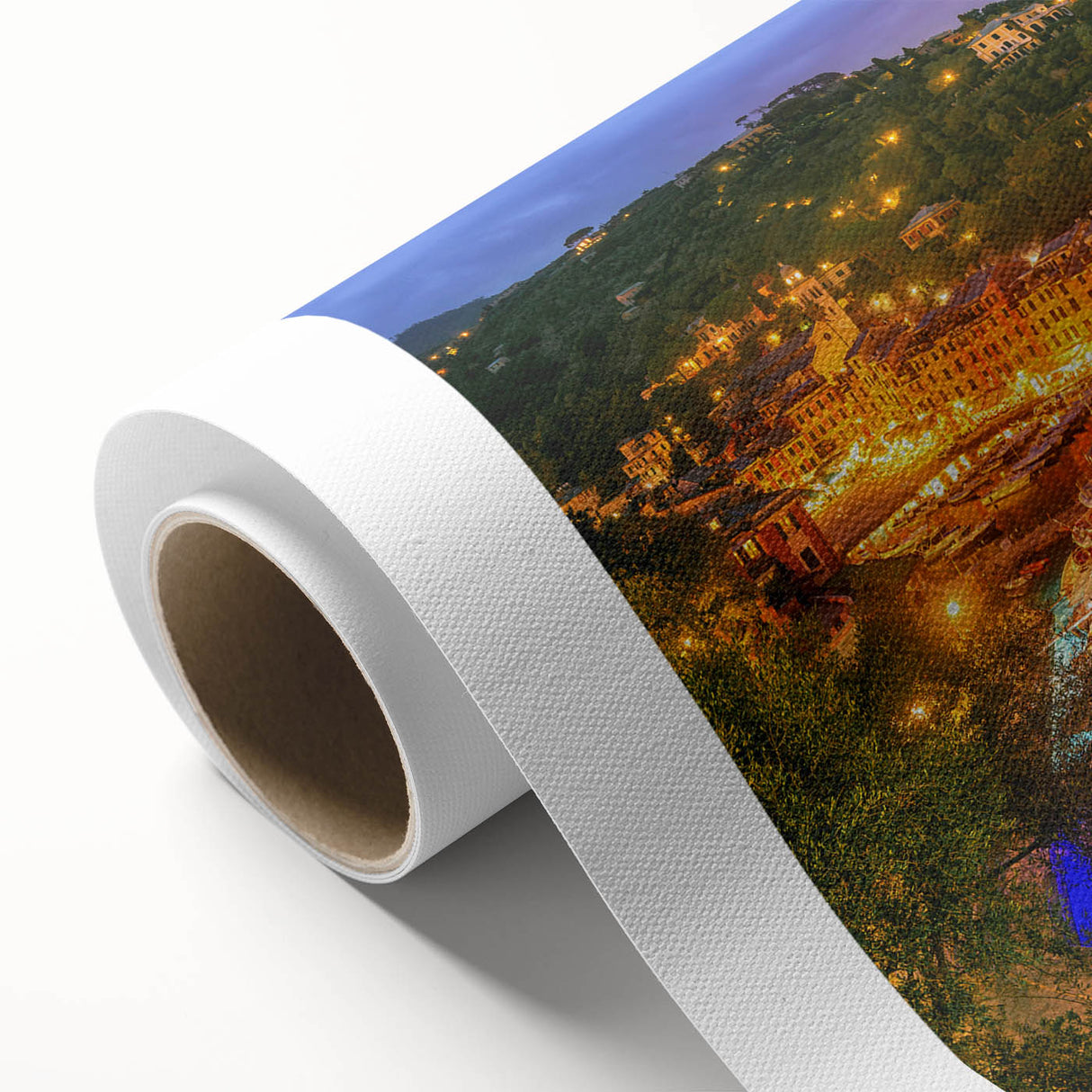 Art deco poster of Portofino, Italy on rolled canvas, featuring pastel shades.