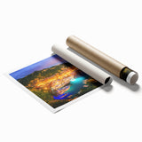 Rolled print of Portofino, Italy, featuring vivid blue waters and colorful buildings.