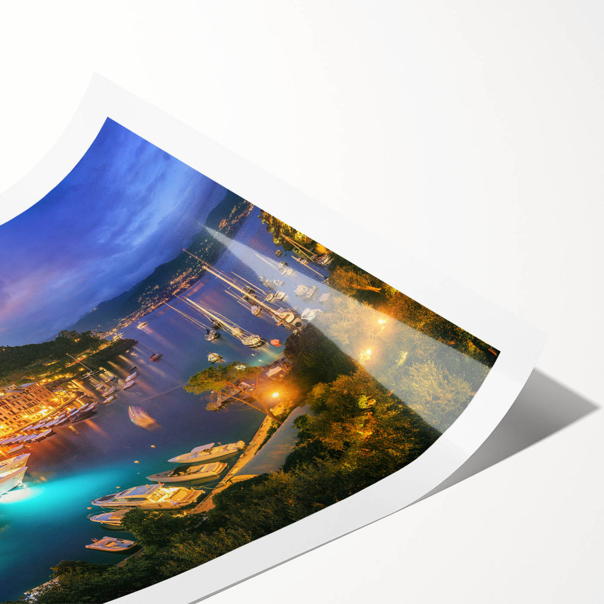 Extra large wall art featuring line art flowers over a scenic Portofino backdrop, printed on rolled canvas.