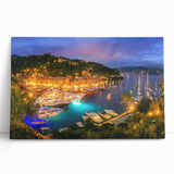 Black and white stretched canvas featuring a scenic Portofino landscape, ideal for kitchen wall art.