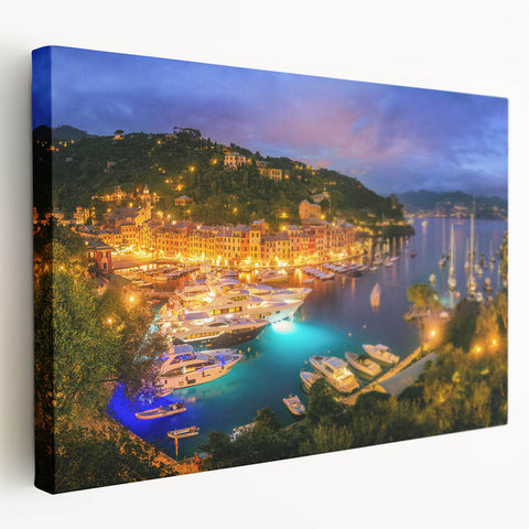 Portofino, Italy coastal scene on large stretched canvas, featuring vibrant blue and green tones, ideal for kitchen wall art.