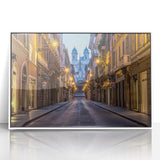 Mid-century modernist art of Rome's skyline in muted earth tones on a framed acrylic, ideal for nursery wall art.