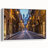 Vintage poster art of Rome with colorful scenery on a large framed canvas, ideal for living room decor.