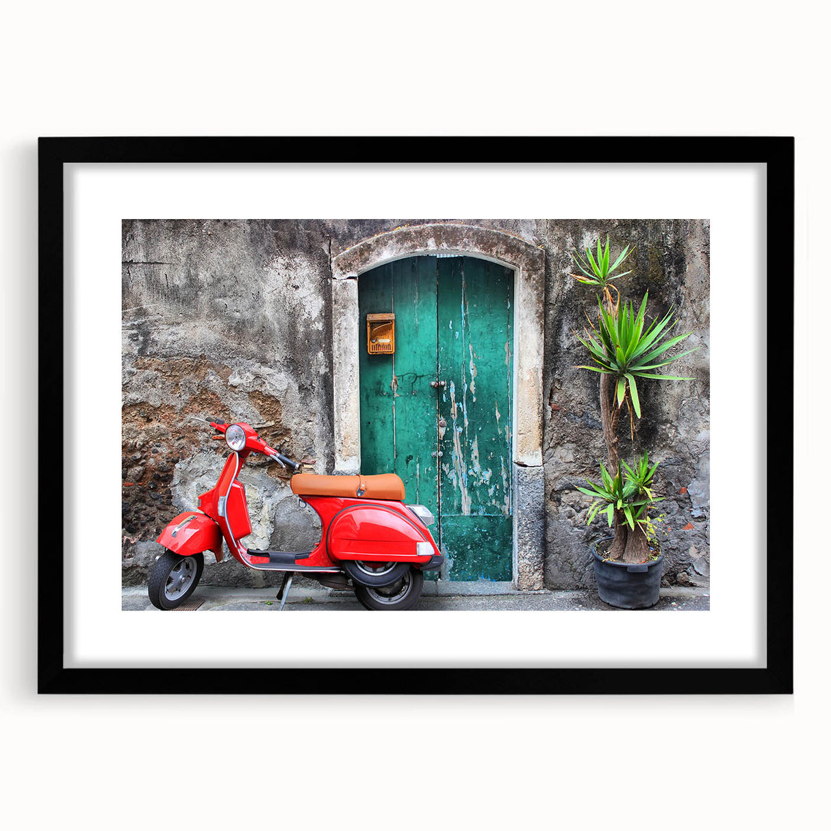 Extra large abstract art print of a colorful Sicilian landscape, textured on a black framed canvas.