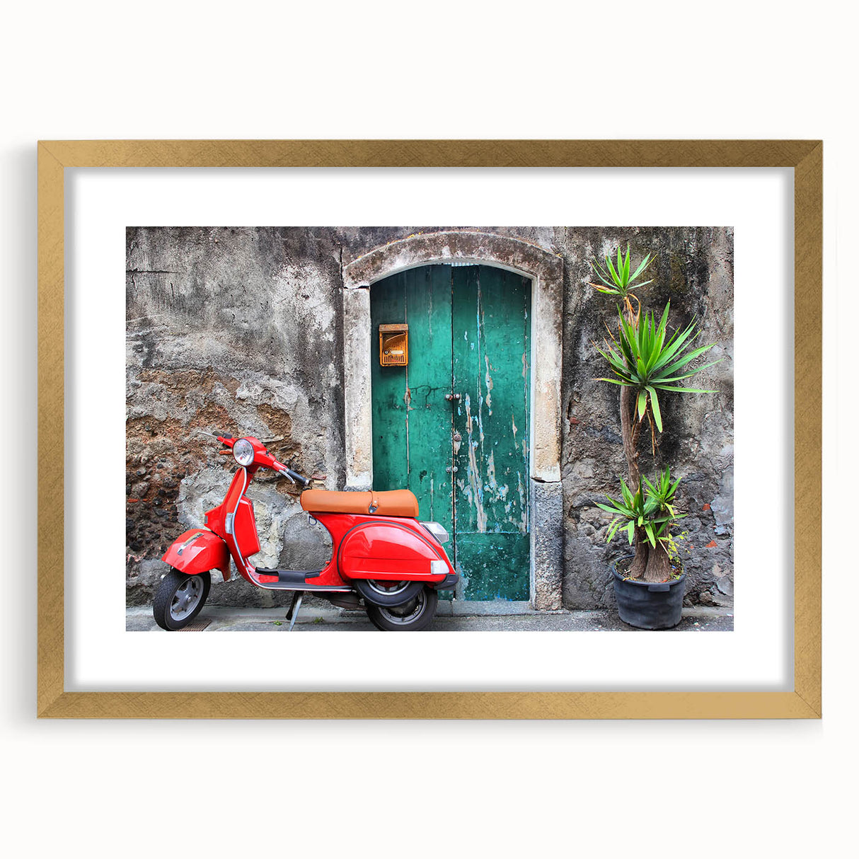 Abstract art print of a Sicilian landscape in muted earth tones on a framed canvas, suitable for dining room decor.