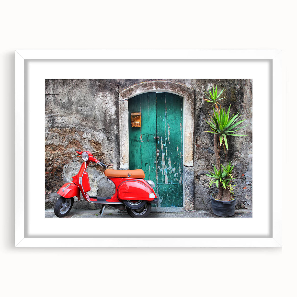 Textured art print of an abstract Sicilian landscape in muted earth tones on a white framed mat, ideal for bedroom art.