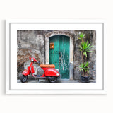 Textured art print of an abstract Sicilian landscape in muted earth tones on a white framed mat, ideal for bedroom art.