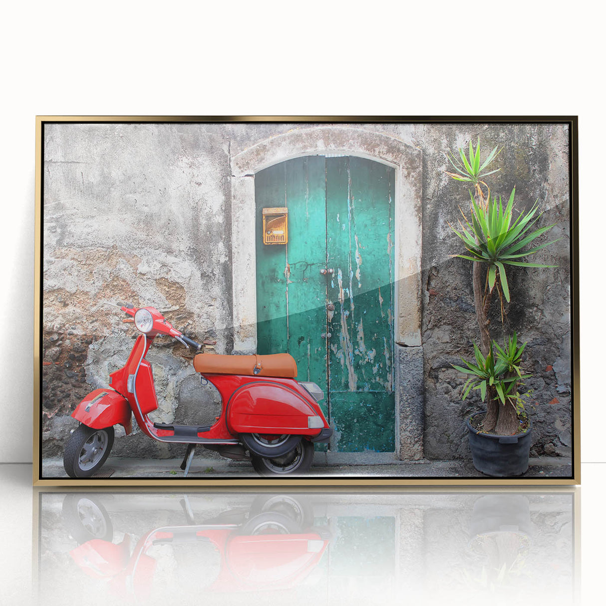 Art deco poster of a Sicilian landscape, featuring bold gold and green tones on framed acrylic.