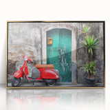 Art deco poster of a Sicilian landscape, featuring bold gold and green tones on framed acrylic.