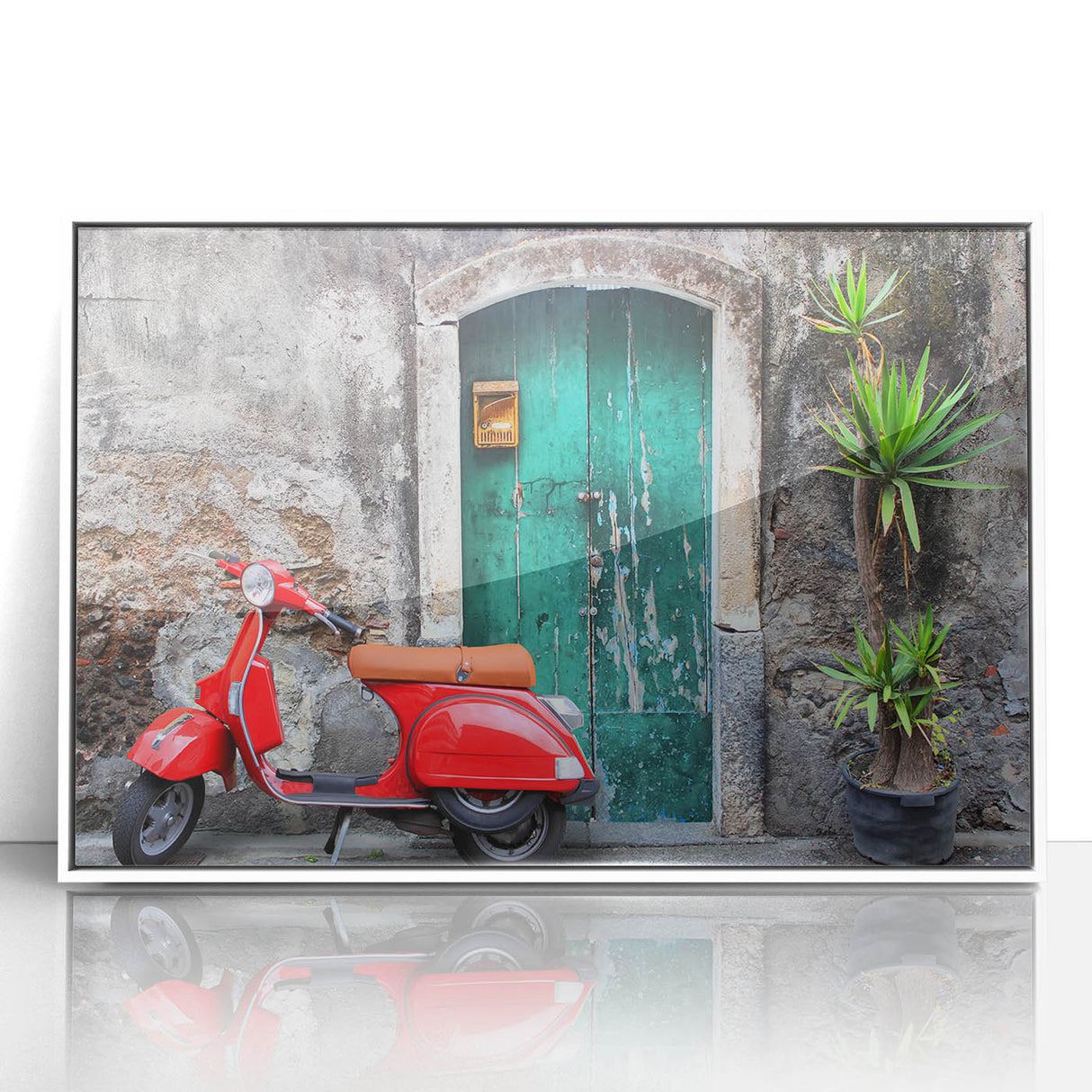Mid-century modernist art depicting Sicilian landscape in muted earth tones on a framed acrylic, ideal for nursery wall art.