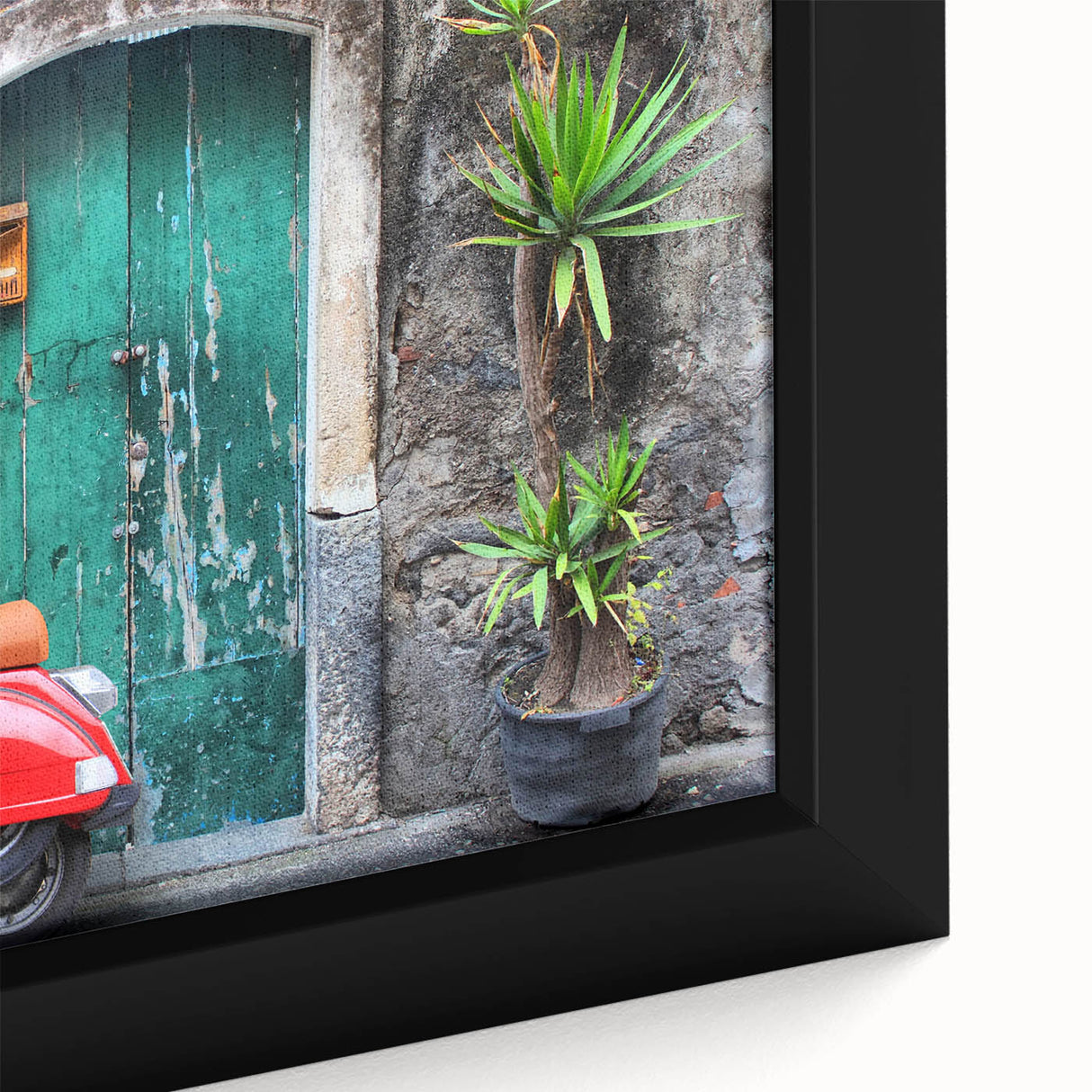 Framed canvas of a textured Sicilian landscape in black with vibrant color accents, ideal for living room decor.