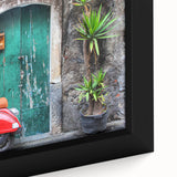 Framed canvas of a textured Sicilian landscape in black with vibrant color accents, ideal for living room decor.
