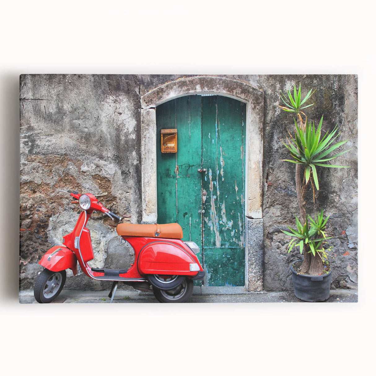 Black and white stretched canvas of Sicilian landscape, ideal for kitchen wall art.
