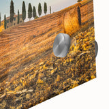 Large abstract depiction of Tuscany landscape in muted earth tones on acrylic glass, suitable for dining room art.