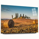 Acrylic print of a Tuscan landscape in muted earth tones, ideal for bedroom or dining room decor.
