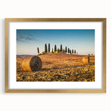 Abstract art print of Tuscany landscape in gold frame, muted earth tones, ideal for dining room decor.