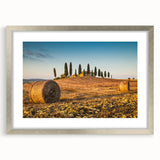 Extra large abstract art print of Tuscany scenery in muted earth tones on a framed canvas, suitable for living room decor.