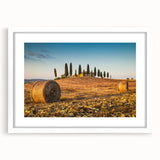 Textured abstract art print of Tuscany landscape in muted earth tones, framed with a white mat, ideal for bedroom art.