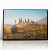Large abstract wall art depicting the Tuscan landscape in muted earth tones on a framed acrylic.