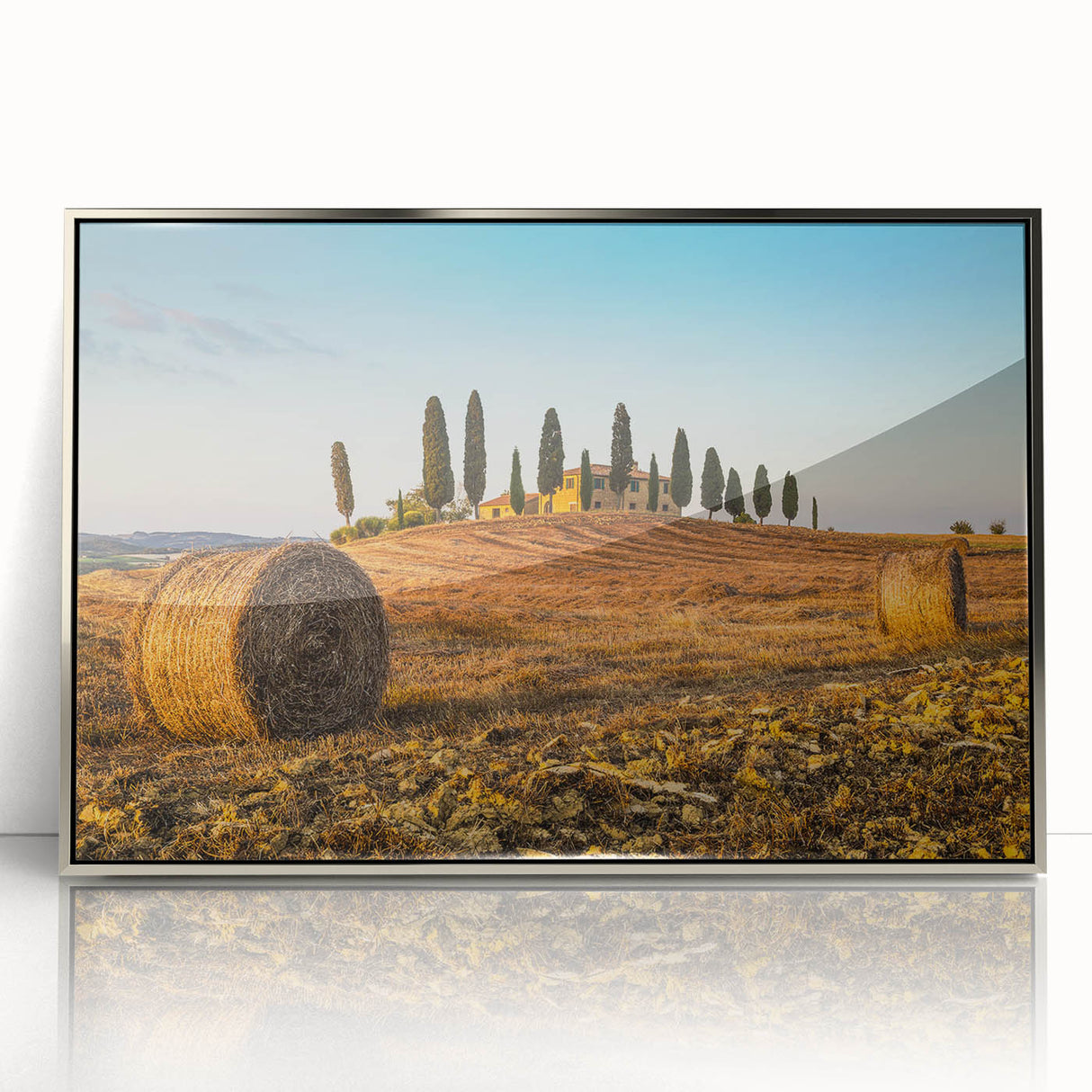 Framed acrylic print of a Tuscan landscape in muted earth tones, ideal for modern art wall decor.