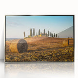 Framed acrylic print of a Tuscan landscape in muted earth tones, ideal for modern art wall decor.