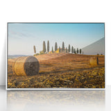 Mid-century modernist art of Tuscany landscape in muted earth tones, acrylic print in white frame.