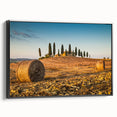 Black and white landscape art of Tuscany on framed canvas, ideal for bedroom wall decor.